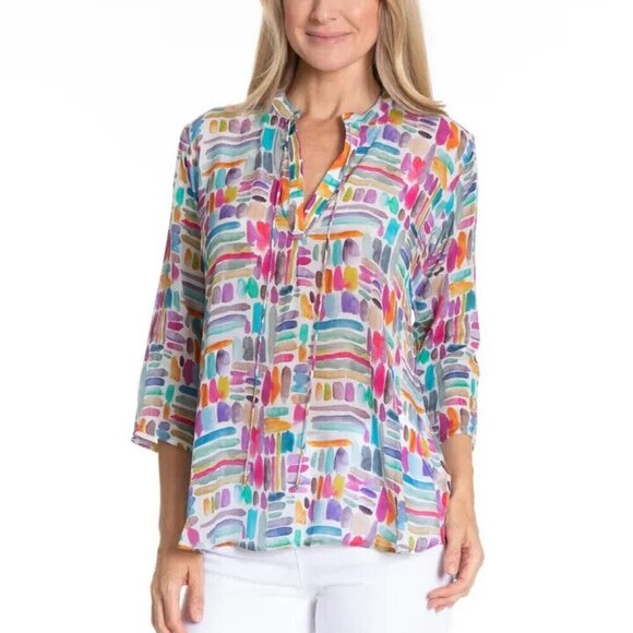 AP NY V Neck Hi-Lo Top Blouse Shirt Women Size M Colorful Cupro blend - Picture 1 of 15